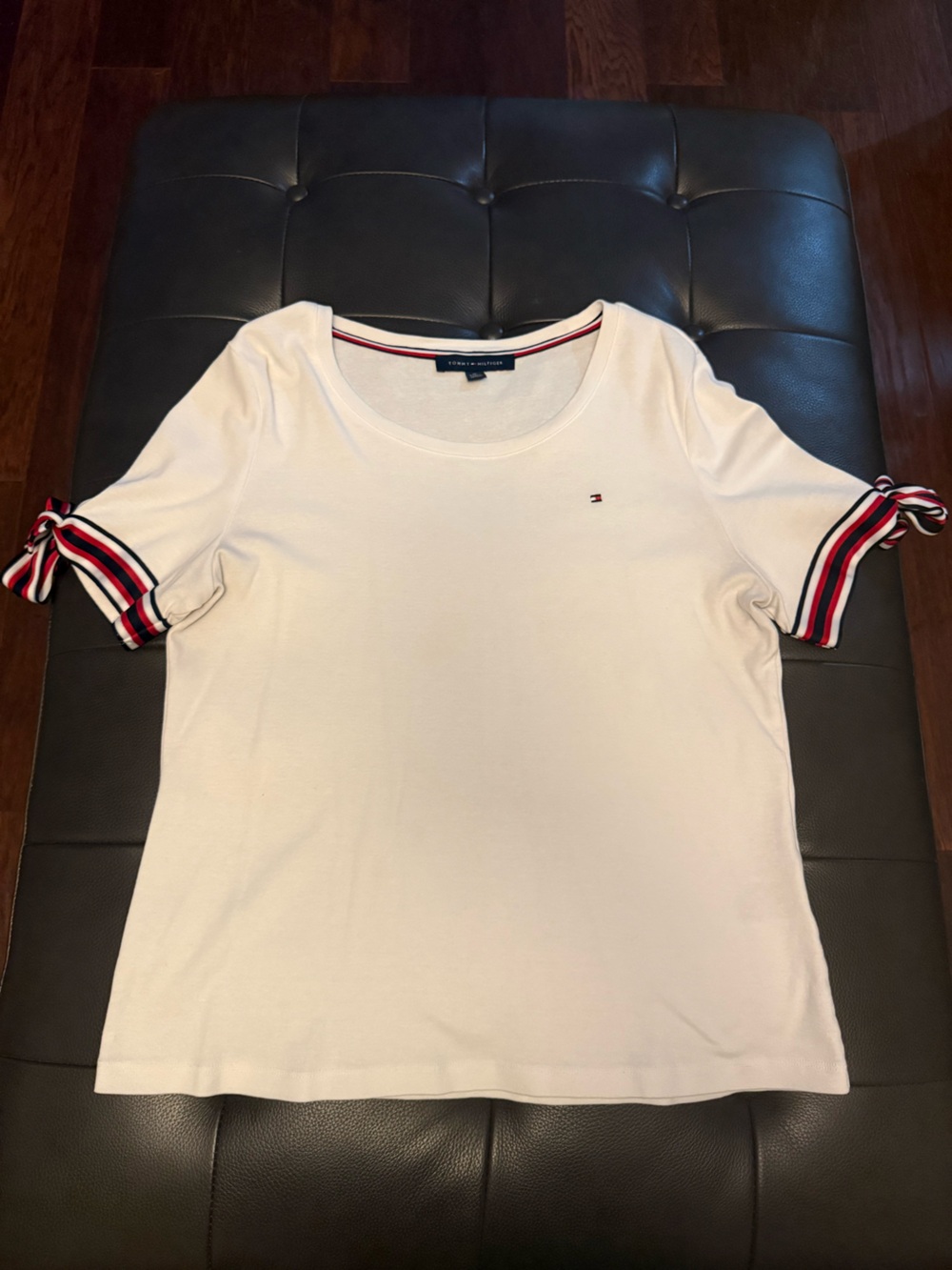 Tommy Hilfiger White Short-Sleeve Crewneck Tee with Red & Navy Stripe Trim